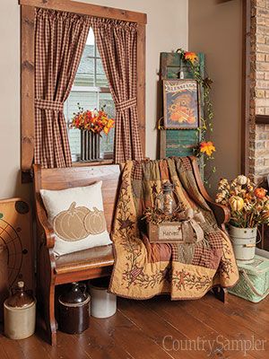 Country Sampler Decorating Ideas, Wood Settee, Country Sampler Magazine, Farmhouse Designs, Decorating Crafts, Creative Room, Harvest Decor, Fall Orange, Country Sampler