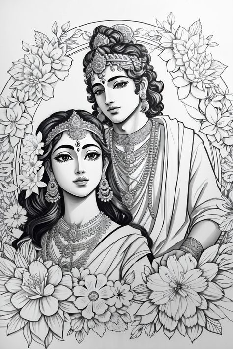 Immerse yourself in the colors and emotions of Radha and Krishna's love with these exquisite paintings and illustrations. Pencil Art Drawings Radha Krishna, Krishna And Radha Sketch, Radha Krishna Pencil Art, Color Pen Sketch, Radha Krishna Sketch Painting, Radha Krishna Love Drawing, Radha Krishna Outline Drawing, Radhakrishna Mandala Art, Krishna Pen Drawing