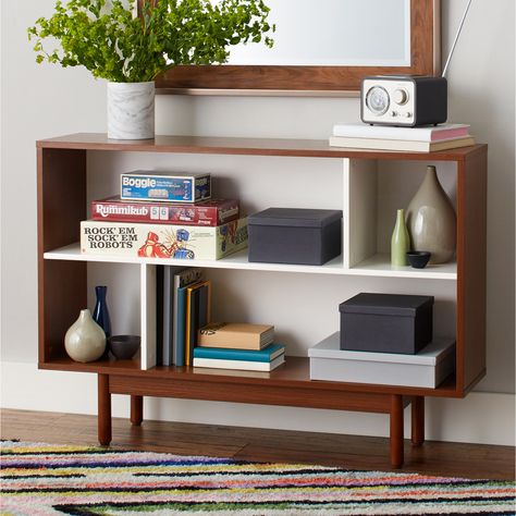 A console bookshelf so geometrically cool, no one will call you a square. Console Bookcase, Mid Century Modern Console Table, Bathroom Shelving Unit, Mid Century Modern Bookcase, Solid Wood Bookcase, Mirrored Side Tables, Tv Stand Designs, Storage Furniture Living Room, Modern Bookcase