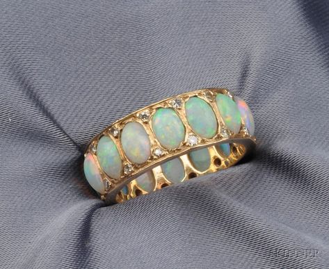 14kt Gold, Opal, and Diamond Band Auction Number 2437 Lot Number 77 | Skinner Auctioneers Bijoux Art Deco, Bijoux Art Nouveau, Green Yellow Blue, Full Eternity Ring, Color Stones, Red Green Yellow, Diamond Band, Dream Jewelry, Opal Jewelry