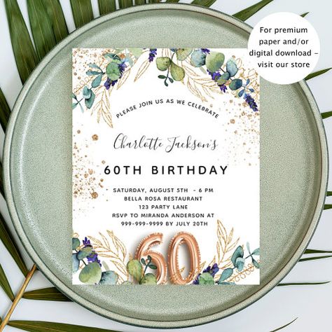 $0.40 | 60th birthday eucalyptus budget invitation | 60th Birthday Invitations | eucalyptus greenery, glitter, 60th sixtieth birthday party, 60 years old sixty, botanical, white green gold, balloon style font script number, modern, rose gold, budget birthday invitation 60th Birthday Party For Women, Glamorous Birthday Party, Wine Birthday Party, Glamorous Birthday, Birthday Party For Women, Budget Birthday, Sixtieth Birthday, Rustic Chalkboard, 60th Birthday Invitations