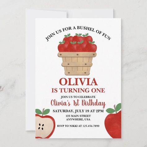 Apple Bushel of Fun 1st Birthday Invitation Zazzle First Birthday Party Themes Fall, Bushel Of Fun First Birthday, Apple Birthday, Basket Of Apples, 98th Birthday, Theme First Birthday, Trendy Invitations, 1st Birthday Invitation Template, Kid Parties