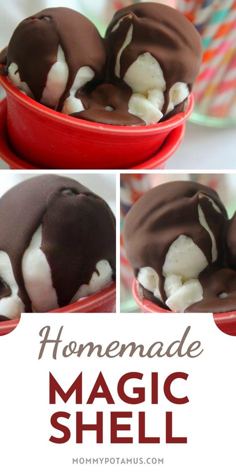 This magic shell recipe hardens into a deliciously rich & smooth chocolate shell when drizzled over ice cream. You probably already have the ingredients to make it right now! #icecreamrecipe #chocolateshell #magicshellrecipe Chocolate Magic Shell, Chocolate Shell Recipe, Diy Magic Shell, Dessert Shells, Magic Shell Recipe, Homemade Magic Shell, Magic Food, Magic Shell, Organic Recipes Healthy