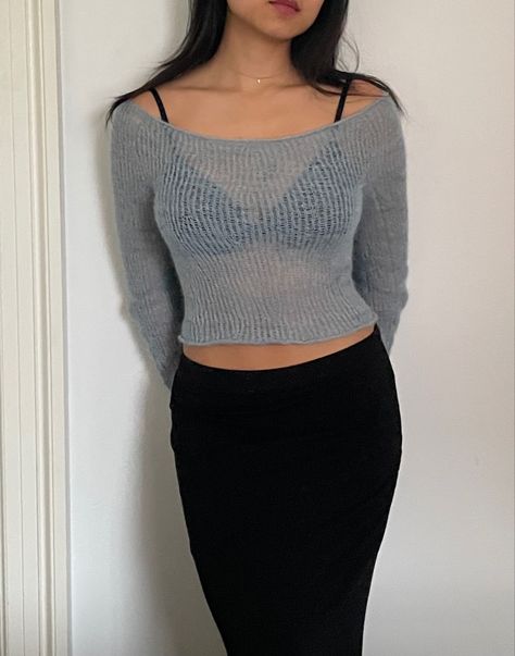 Mohair Boat Neck Top, Boatneck Crochet Sweater, Boat Neck Crochet Top, Knit Projects Aesthetic, Boatneck Top Outfit, Crochet Top Long Sleeve, Crochet Boat, Mohair Top, Aesthetic Knit