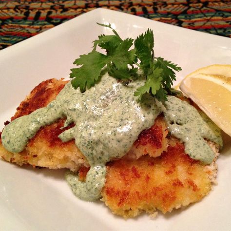 Panko-Crusted Halibut with White Serrano and Cilantro Sauce Panko Crusted Halibut, Lemon Sauce For Salmon, Sauces For Fish, Crusted Halibut, Fish Fillet Recipe, Unique Sauces, Red Curry Sauce, Recipes With Fish Sauce, Pan Fried Fish