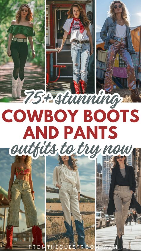 women wears pants and cowboy boots, western outfits Pants And Cowboy Boots Outfit, Outfits To Wear With Cowboy Boots, Cowboy Boots With Pants, How To Style Western Boots, How To Wear Cowboy Boots Women Over 50, Outfits With Cowgirl Boots And Jeans, How To Wear Cowboy Boots Women, Pants And Cowboy Boots, How To Style Bell Bottoms