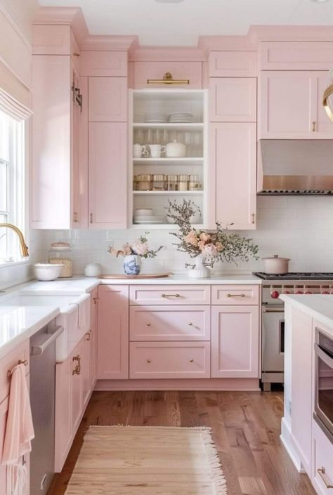 Hot Pink Kitchen, Eccentric Kitchen, Pink Kitchen Designs, Pink Kitchens, Pink Cabinets, Kitchen Cabinet Color Ideas, Pastel Kitchen, Pink House, Kitchen Cabinet Colors