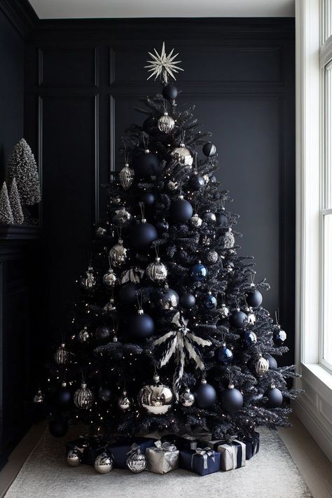 #christmastreeideas #tackydecor #holidaydecorating #christmastraditions #creativechristmas #festivedecor #christmasinspiration #holidaycheer Blue And Black Christmas Tree, Black And Blue Christmas Tree, Black Tree Decorating Ideas, All Black Christmas Tree, Black Tree Christmas, Black Christmas Tree Decorations Ideas, Black Xmas Tree Decorating Ideas, Black And White Christmas Tree Ideas, Christmas Tree With Blue Ornaments