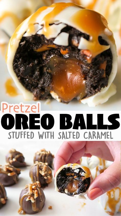 Pretzels, Oreos, and Cream Cheese are combined to make the dough for these Salted Caramel-Filled Pretzel Oreo Balls! They are rolled in melted chocolate, and drizzled with more Salted Caramel. It is the perfect combination of sweet and salty! Click the link for full recipe details! #oreo #oreodessert #oreotruffles #truffles #nobake #holidaydesserts Oreos And Cream Cheese, Salted Caramel Filling, Cream Cheese Oreo, Homemade Salted Caramel, Caramel Filling, Oreo Balls, Bake Goods, Oreo Truffles, Melted Chocolate