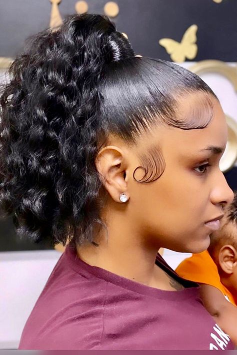 Pony Tell Hairstyle, Bob Ponytail Black Women Curly, Short Curly Ponytail Black Women Weave, High Bob Ponytail Black Women, Curly Bob Ponytail Black Women, Curly Short Ponytail Black Women, Short Sleek Ponytail, Curly Ponytail Hairstyles For Black Hair, High Curly Ponytail Weave Short