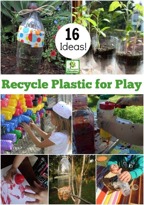 Try these 16 easy ideas to recycle plastic bottles for play and learning. Budget friendly projects perfect for younger children to enjoy with parents and early childhood educators! Plastik Recycling, Sustainability Activities, Recycling Activities, Recycling Plastic, Family Day Care, Earth Day Activities, Ways To Recycle, Outdoor Learning, Play Based