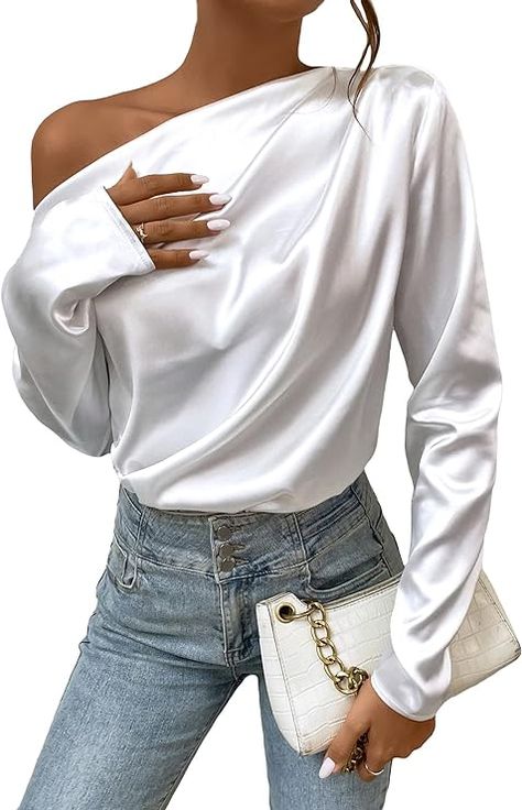 Elevate your style with this elegant satin silk off-shoulder blouse top. Made with high-quality fabric, it features long sleeves and a flattering fit. Perfect for both casual and formal occasions.  #ElegantBlouse #SatinSilkTop #OffShoulderFashion #VersatileStyle 55th Birthday Ideas, Satin Blouse Long Sleeve, White Satin Blouse, Jeans Wedding, Old Money Winter, Mock Neck Blouse, Clothing Reference, Designer Outlet, Off The Shoulder Long Sleeve