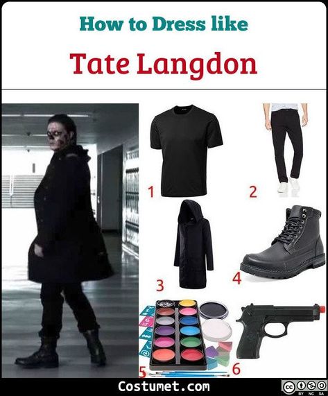 Tate Langdon costume a black shirt, black pants, a black, hooded trench coat, and black boots. His face is also covered in black and white paint.            #Male #male #scary #skeleton #villain #tv #AmericanHorrorStory #psychopath Tate Langdon Suit, Horror Villains Costume, Tate Langdon Skeleton, Tate Langdon Costume, Black Shirt Black Pants, Tate Langdon Makeup, Langdon American Horror Story, Emo Costume, American Horror Story Costumes