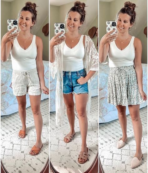 A White Bodysuit Styled 3 Ways for Summer – Marissa Wears an Outfit Bodysuit Outfit Summer, Sparkly Sandals, Cutoff Jean Shorts, Summer Slide, Lace Kimono, Body Suit Outfits, Bodysuit Fashion, White Bodysuit, Cream Lace