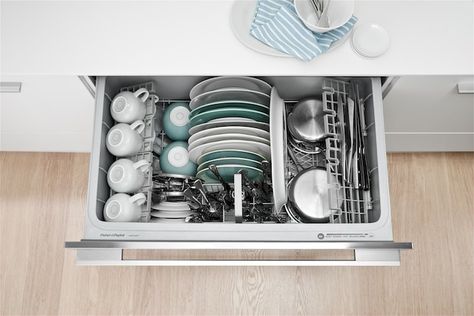 Considering dishwasher drawers? Learn all you need to know in our primer on space, energy efficiency, cost, and more. Dishwasher Drawers, Dishwasher Drawer, Dish Drawers, Homeowner Tips, Small Dishwasher, Black Dishwasher, Basement Reno, Drawer Dishwasher, Luxury Appliances