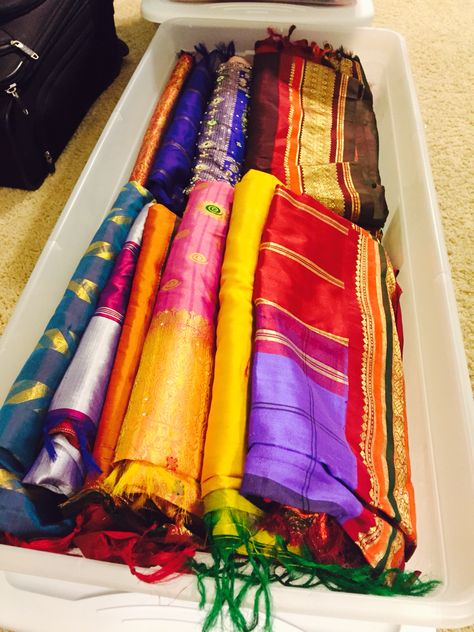 Great way to store all my Indian Sarees! Under the bed 41 qt containers are just the perfect size! Saree Organization Ideas, Saree Storage Ideas, Wardrobe Organisation Ideas Indian, Indian Wardrobe Organisation, Saree Organization In Closet, Indian Closet Organization, Saree Storage Ideas In Wardrobe, Cupboard Organization Clothes, Bangles Organizer In Wardrobe