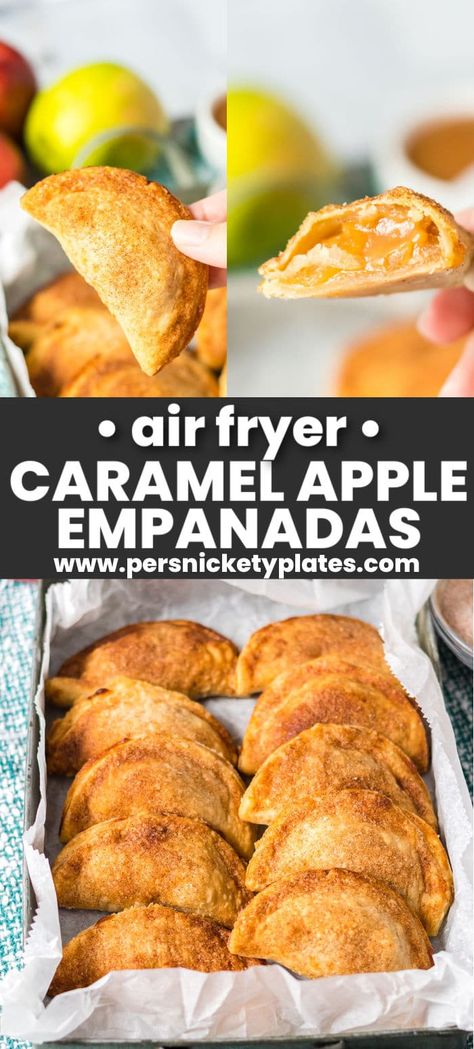 Air Fryer Caramel Apple Empanadas are a throwback Taco Bell copycat made even better! Store-bought crust with an apple pie filling and melted caramel candies comes together quickly, then air fried (or baked) until golden on the outside and thick and syrupy on the inside. Topped with cinnamon sugar, these easy 30-minute dessert empanadas are the best! Apple Empanadas Recipe, Caramel Apple Empanadas, Apple Empanadas, Pie Crust With Butter, Recipe For Caramel, Taco Bell Copycat, Copycat Taco Bell, Air Fryer Recipes Dessert, Apple Pie Filling Recipes