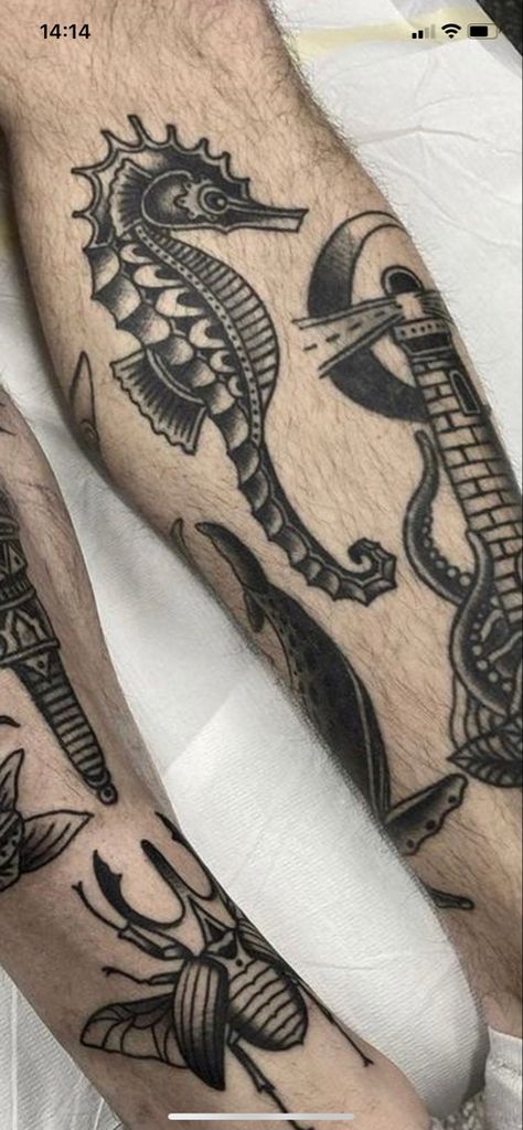 Trad Sea Tattoo, Sea Horse Tattoo Traditional, Ocean Themed Tattoos Men, American Traditional Seahorse Tattoo, Nautical Patchwork Tattoo, Ocean Tattoos Black And White, Old School Sea Tattoo, Traditional Ocean Tattoo Sleeve, American Traditional Sea Tattoo