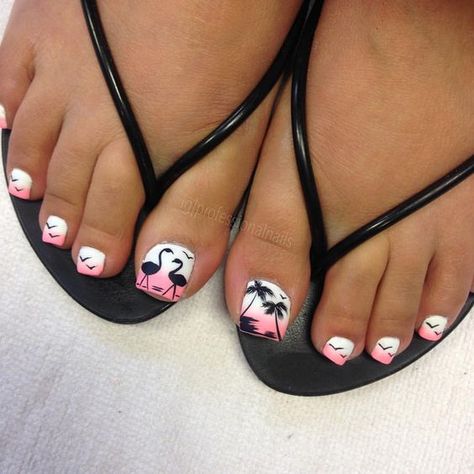 Neon Toe Nails, Green Toe Nails, Beach Toe Nails, Toe Nail Design, Pedicure Designs Summer, Summer Palm Trees, Pink Toe Nails, Toenail Designs Summer, Flamingo Nails