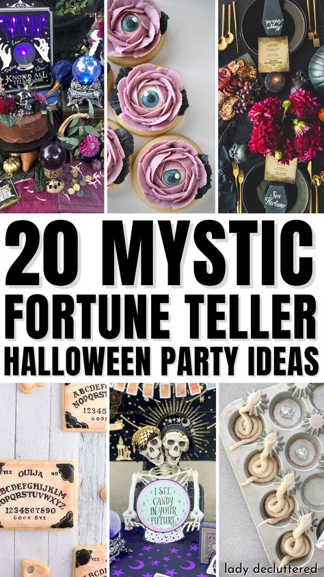 20 Mystic Fortune Teller Halloween Party Ideas Seance Party Decor, Wiccan Party Ideas, Fortune Teller Skeleton, Crystal Ball Theme Party Ideas, Psychic Party Food Ideas, Fortune Telling Party Ideas, Tarot Card Halloween Decor, Psychic Party Decorations, Fortune Teller Display