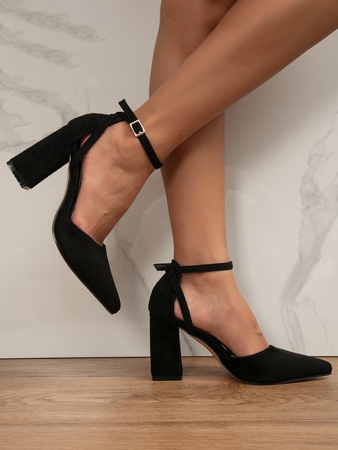 Black Heels Classy, European Wardrobe, Black Heels Low, Pointy Heels, Shoes Heels Classy, Spring Clothes, Heels Classy, Ankle Strap Shoes, Thick Heels