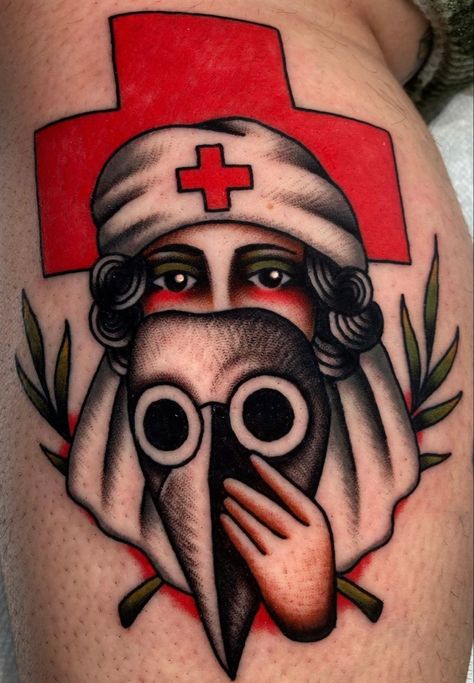 Nurse Trad Tattoo, Plague Nurse Tattoo, Florence Nightingale Tattoo, Doctor Tattoo Ideas, Traditional Tattoo Nurse, Nightingale Tattoo, Plague Nurse, Plague Doctor Tattoo, Doctor Tattoo