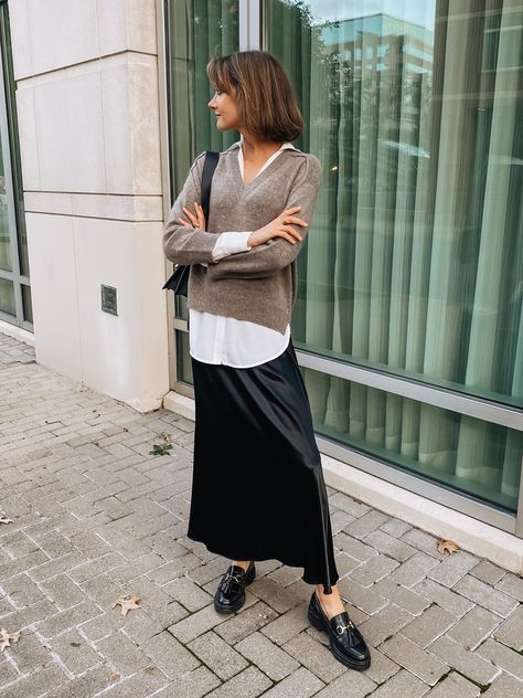 fall layering made easy by Brochu Walker #outfitidea #fallfashion Brochu Walker Layered Sweater, Strathberry Bag, Loafers Trend, Brochu Walker, Chunky Loafer, Fall Layering, Long Slip, Fall Layers, Layered Tops