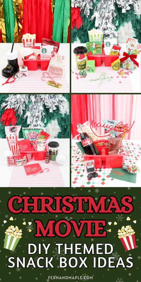 From Grinchy green goodies to Santa-themed sweets, these DIY Christmas Movie Snack Boxes are a perfect match for your favorite festive films. Get details and tons more holiday party inspiration now at www.fernandmaple.com! Movie Snack Boxes Diy, Christmas Movie Snack Board, Elf Food Groups, Happy Movie, Holiday Party Inspiration, Home Alone Christmas, Snack Boxes, Movie Snacks, Christmas Light Ornament