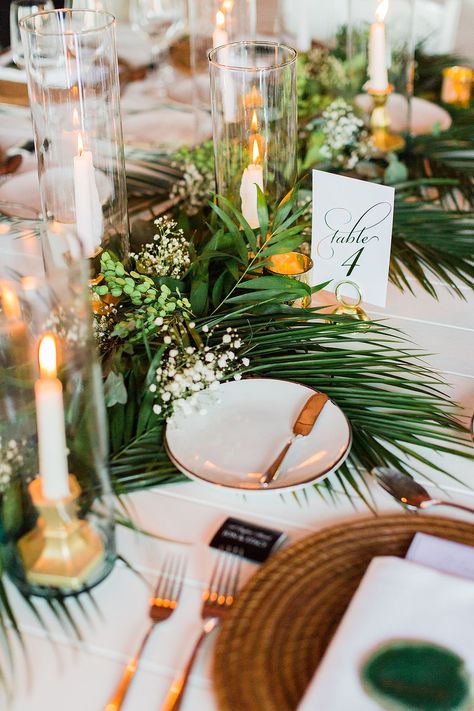 Tropical Table Runner Wedding, Tropical Outdoor Table Setting, Greenery Table Setting, Nobu Cabo, Greenery Tablescape, Greenery Table Decor, Bahamian Wedding, Tropical Table Setting, Tropical Wedding Ceremony