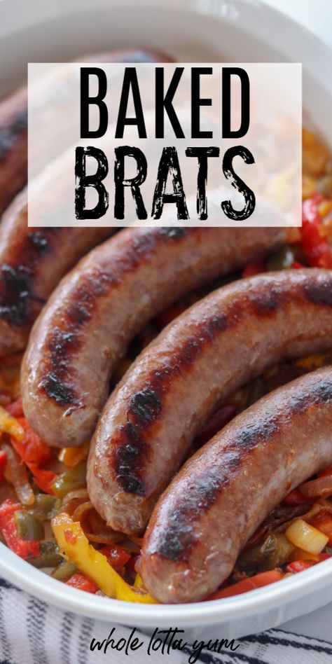 Brats in the oven with peppers or without is a quick and easy dinner recipe that takes just 20 minutes. This easy bratwurst recipe is also low carb, gluten free, paleo and a keto oven baked brats recipe too Oven Baked Brats, Baked Brats, Brats In The Oven, Cooking Brats, Baked Bratwurst, Keto Sausage Recipe, How To Cook Brats, Brats Recipes, Bratwurst Recipes