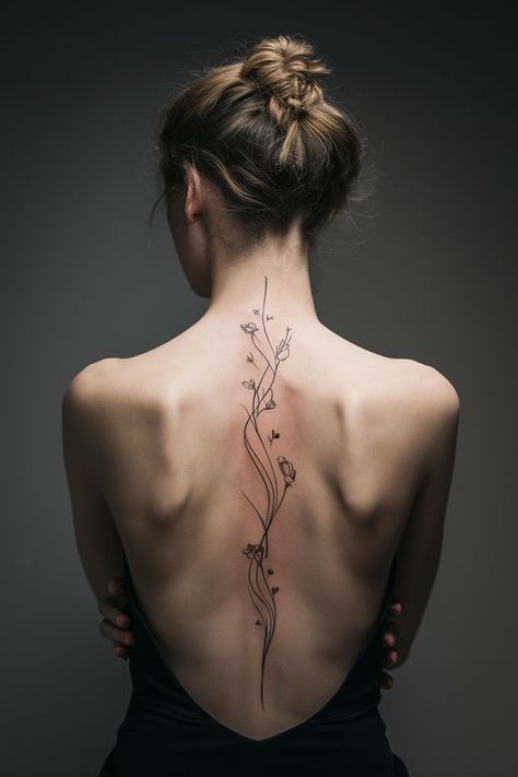 Spine Tattoos Elegant, Back Tattoo For Women Elegant, Dark Theme Tattoo Ideas, Spine Tattoo Women Unique, Delicate Floral Back Tattoo, Women Spine Tattoo Ideas Design, Meaningful Neck Tattoos Women, Back Tatoos Woman Black, Tattoo For Spine