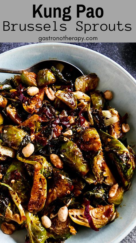 Kung Pao Brussels sprouts arranged in a bowl. Brussel Sprout Bowl, Brussell Sprouts Recipes, Sweet Chili Brussel Sprouts, Kung Pao Brussel Sprouts, Asian Brussel Sprouts, Brussel Sprout Recipes, Ozempic Diet, Brussel Sprouts Recipes Easy, Spicy Chili Sauce