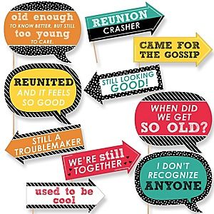 Reunited - School Class Reunion | BigDotOfHappiness.com School Reunion Decorations, 50th Class Reunion Ideas, Family Reunion Photos, 10 Year Reunion, High School Class Reunion, Class Reunion Decorations, Funny Photo Booth, Reunion Decorations, Diy Photo Booth Props