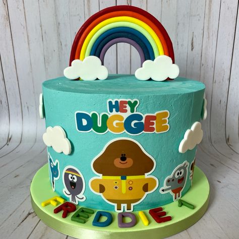 Chocolate mud cake filled and covered with vanilla buttercream frosting, finished with fondant rainbow and icing paper Hey Duggee characters. Duggee Birthday Cake, Hey Duggee Cake, Fondant Rainbow, Hey Duggee, Chocolate Mud Cake, 2 Birthday Cake, James 4, Vanilla Buttercream Frosting, Mud Cake