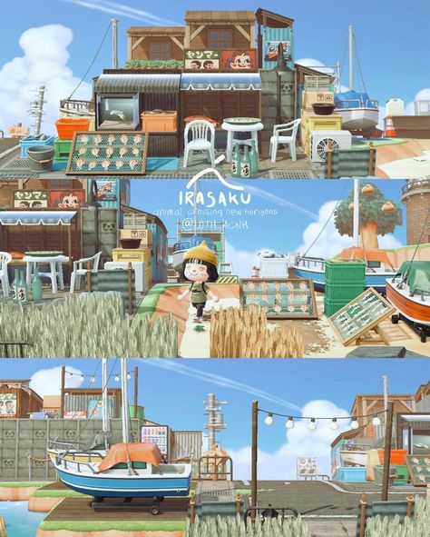 One of my fav area 🐟 fish market street, there’s a railway nearby and a camping area too ⛺️ Zucker comes here at dawn every morning to stock up on fresh fish for his restaurant 🐙🍜 Acnh Fishing Market, Japanese Market Animal Crossing, Animal Crossing Fish Market, Acnh Fishing Area, Acnh Fish Market, Animal Crossing Fish, Acnh Japanese, Animation Aesthetic, Japanese Island