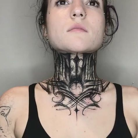 Dark Throat Tattoo, Blackwork Throat Tattoo, Goth Throat Tattoo, Dark Ornamental Tattoo Neck, Gothic Face Tattoo, Neck Tattoo Women, Front Neck Tattoo, Full Neck Tattoos, Satanic Tattoos