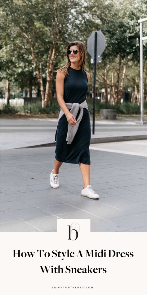 How To Style A Midi Dress With Sneakers • BrightonTheDay How To Style A Midi Dress Summer, Maxi And Sneakers, Fitted Dress With Sneakers, Cute Tennis Outfit, Dresses With Tennis Shoes, Tennis Dress Outfit, Midi Dress With Sneakers, Below The Knee Dress, Cute Outfits With Black Leggings