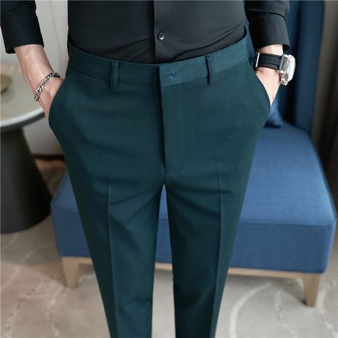 Autumn Mens Fashion Embroidered Trousers Korean Business Dress Solid Suit Pant Formal Office Social Autumn Mens Fashion, Formal Pant For Men, Embroidered Trousers, Men Costume, Black Outfit Men, Office Clothes, Men's Dress Pants, Check Pants, Flat Pant