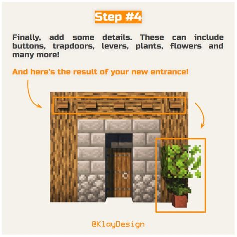 ENTRYWAY TUTORIAL | 👉 This is a preview of the type of Guides you’ll have access with the IG Subscription plan I’ll activate soon! (Infos in my highlights) 🙌 Here I explain to you how to make even the simplest door design look more interesting and cool! 😎 Do you find this useful? Lemme know in the 💬! ——————————————— - 🪴 Follow @klay.design_mc for more! - 💬 Lemme know your thoughts! - 🙌 Complementary Shaders - 🍳 Repost with credits only! ——————————————— #minecraft #minecraftbuild #minecr... Minecraft Door Design, Minecraft Creative, Mc Builds, Minecraft Tips, Minecraft Tutorial, Minecraft Building, Minecraft Creations, Minecraft Designs, Minecraft Houses