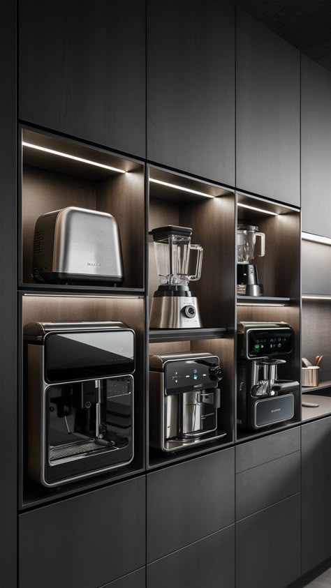 Build smart appliance cubbies into your kitchen cabinetry to keep essential gadgets hidden but easily accessible. Modern Kitchen Design Trends, Hidden Kitchen, Modern Kitchen Design Luxury 2020, Sleek Kitchen, Kitchen Interior Design Decor, Cabinetry Design, Kitchen Design Trends, House Design Kitchen, Modern Kitchen Design Luxury