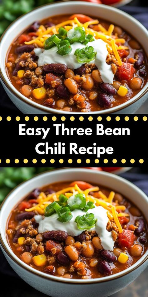 Need dinner ideas easy to whip up? This Three Bean Chili Recipe is ideal! As one of the most flavorful chili recipes, it's perfect for chili meals and dinner recipes for family, especially in a crockpot. Chili Meals, Three Bean Chili Recipe, Three Bean Chili, Bean Chili Recipe, Hearty Chili, Chili Recipe Crockpot, Easy Chili, Chili Recipe Easy, Bean Chili