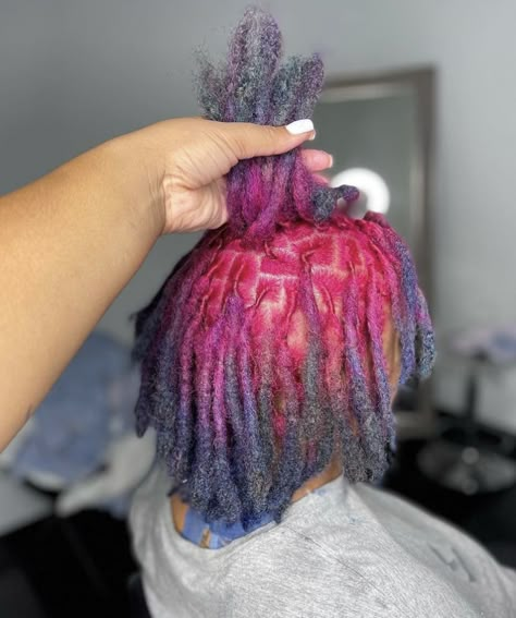 Dyed Roots On Locs, Dyed Dreads Black Women, Reverse Dyed Locs, Midnight Blue Locs, Pink And Black Locs, Lavender Locs, Rainbow Locs, Half Dyed Locs, Loc Dye Ideas