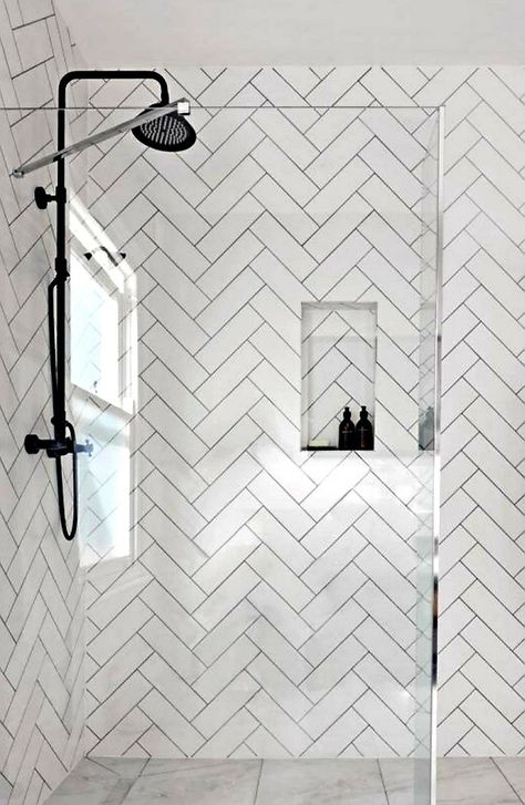 White Herringbone Shower, White Tiles Black Grout, Herringbone Shower Tile, Metro Tiles Bathroom, Herringbone Tile Bathroom, Herringbone Shower, White Herringbone Tile, Subway Tiles Bathroom, Mosaic Bathroom