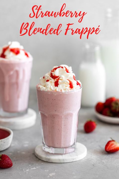 Make your own strawberry frappé at home with fresh strawberries and vanilla ice cream! Recipe by Charmer Kitchen. #californiastrawberries #strawberryfrappe #blendeddrinks #smoothiedrinks #strawberrymilkshake #blendedcoffee #summerdrinks Strawberry Frappe Recipe, Strawberry Frappuccino Recipe, Starbucks Strawberry Frappuccino, Homemade Frappe, Strawberry Frappuccino, Cinnamon Bun Recipe, Starbucks Strawberry, Frappe Recipe, Slushie Recipe