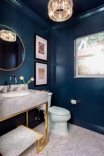 15 Blue Bathroom Ideas That Will Leave You Mesmerized | Hunker Blue Powder Rooms, Blue Powder Room, Navy Blue Bathrooms, Gold Bad, Navy Bathroom, Grey Bathroom Tiles, White Toilet, Navy Walls, Powder Room Decor