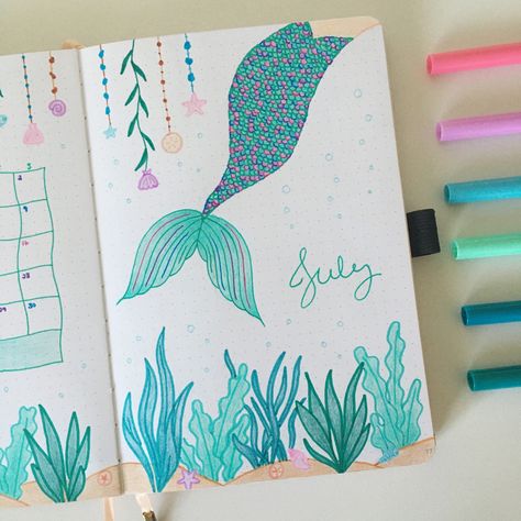 july mermaid bullet journal theme #bujo #bujoideas #bulletjournal #bulletjournaling #bulletjournalideas Mermaid Bullet Journal, 2022 Cover Page, Mermaid Journal, Bullet Journal Lists, Journal 2024, Bullet Journel, Journal Lists, Inspiration Painting, Bullet Journal Themes