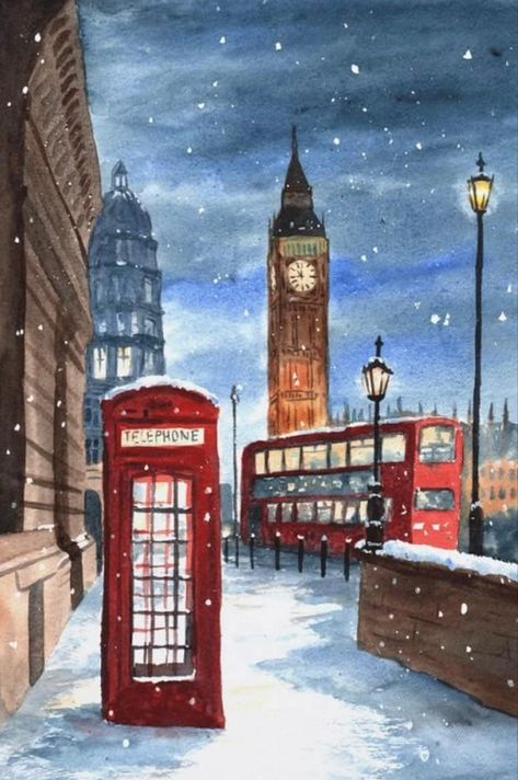 Watercolor style poster of snowy London night in winter, including red telephone box, red double decker bus and Big Ben in the background of this perspective drawing London Painting, Red Telephone, Watercolor Scenery, Canvas For Beginners, London Poster, Telephone Booth, Snow Art, Canvas Painting Ideas, Easy Canvas Painting