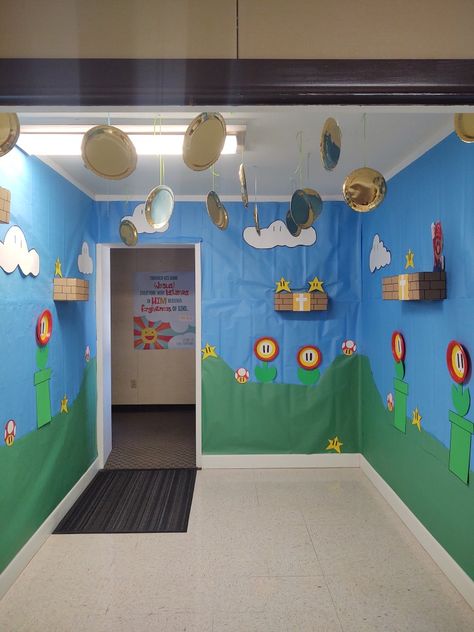 Mario Kart Hallway Decorations, Super Mario Brick Wall, Super Mario Office Decorations, Mario World Decorations, Mario Hallway Decorations, Super Mario Hallway Decor, Mario Office Decorations, Mario Flag Pole Diy, Mario Classroom Door