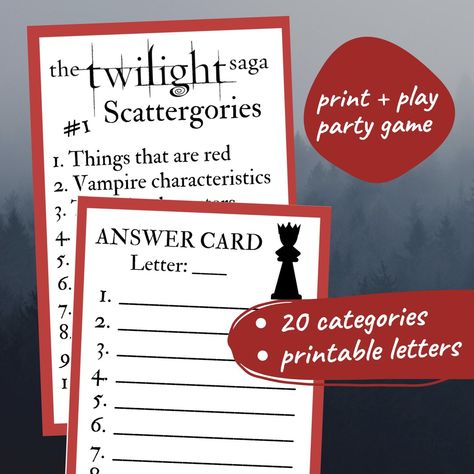 Twilight Saga Scattergories // Printable Birthday Party Game - Etsy Canada Twilight Themed Party Games, Twilight Party Games, Twilight Games, Twilight Bachelorette Party, Twilight Party Ideas, Twilight Themed Party, Twilight Trip, Vampire Dinner, Twilight Halloween