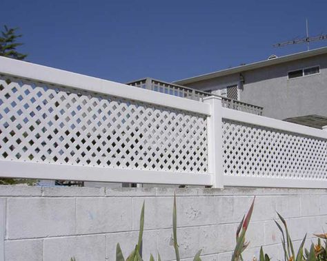 Lattice Fence Panels, Wall Extension, Plastic Lattice, Vinyl Fences, Fence Wall Design, White Vinyl Fence, Fence Options, Vinyl Railing, Compound Wall Design